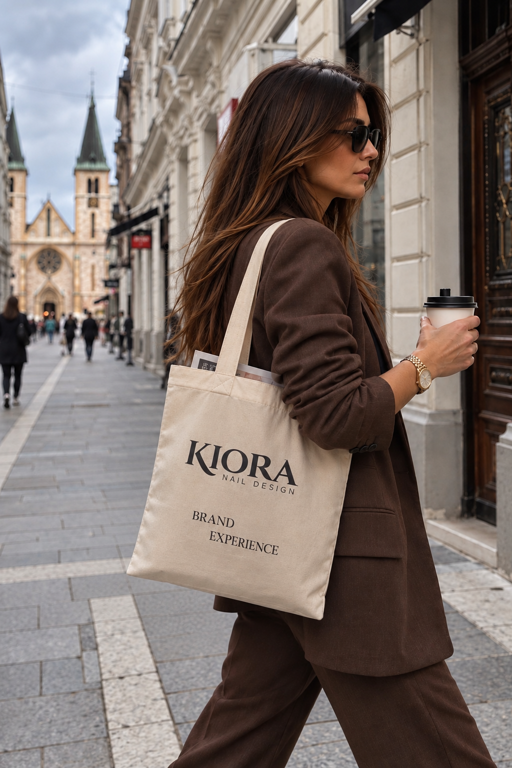 KIORA Signature Canvas Tote – platneni ceker u prirodnoj bež boji s crnim KIORA Nail Design logotipom i natpisom Brand Experience.